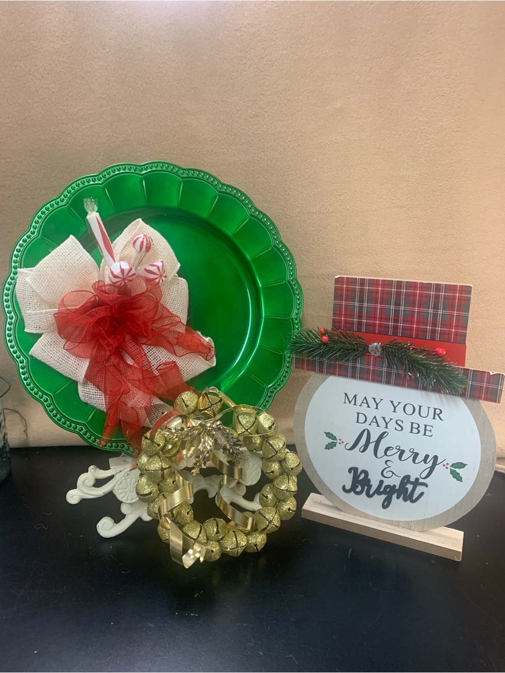 Festive Green Decorative Plate with Gold Mini Bell Wreath and sign. Inv 580